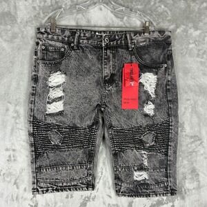 Trill Nation Mens Moto Biker Denim Shorts Acid Wash Distressed Gray Size 36